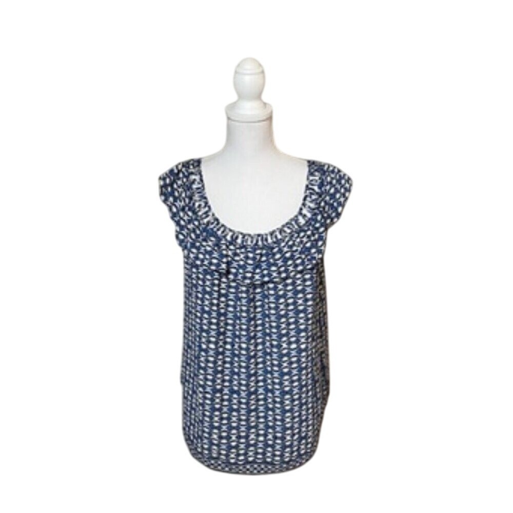 Max Studio Women's Blue Cap Sleeve Braided Ruffle Trim Neck‎ Top NWT Size M